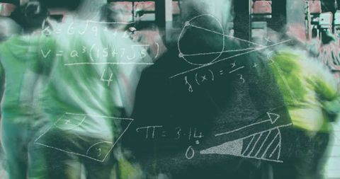 Students walking with math concepts in academic setting