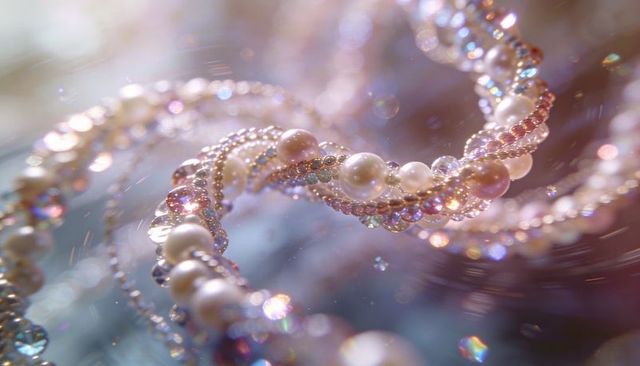 Shimmering intertwined pearl and crystal spiral necklace strands on sparkling pastel bokeh