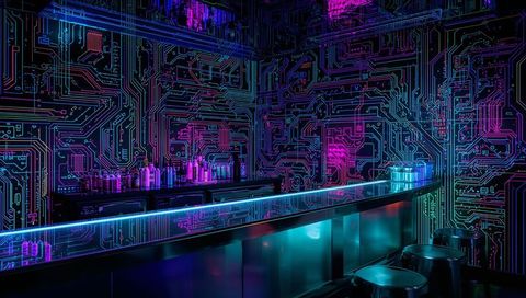 Neon Circuit Bar Interior Reflecting Holographic Light in Cyberpunk Nightclub Lounge
