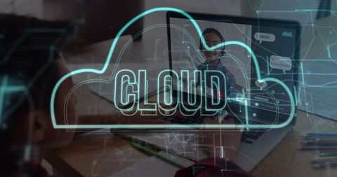 Schoolboy learning online with cloud technology overlay