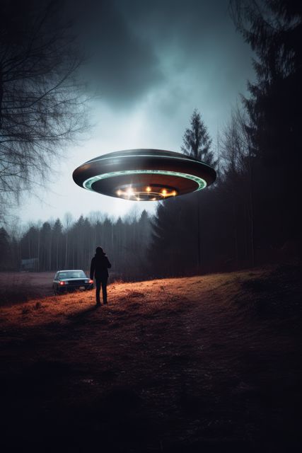 Lit ufo hovering above woman in field at night, created using generative ai technology. Unidentified flying object, outer space and aliens concept digitally generated image.