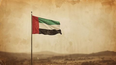 Waving united arab emirates flag over arid plain with vintage weathered desert texture