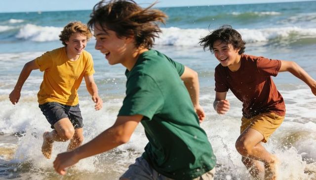 Teens running and splashing in shallow surf on sunny beach, laughing and playing, friends