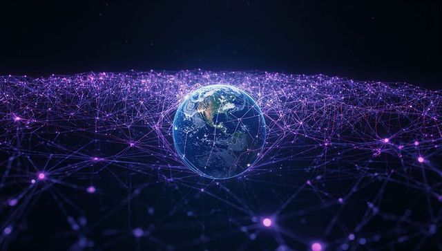 Earth in digital network with glowing purple connections in space