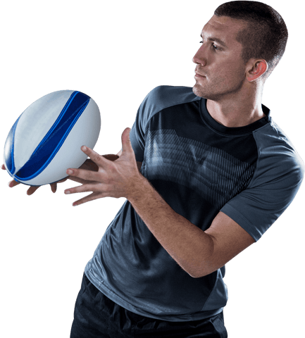Confident male athlete with rugby ball transparent background