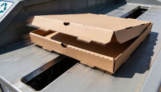 Sunlit corrugated pizza boxes resting on metal recycling compactor, stacked cardboard texture