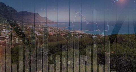 Coastal town overlooking bay blending with financial charts and market data overlay