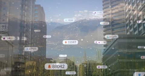 Virtual connections overlay urban cityscape for digital interfacing and, data visualization backgrou