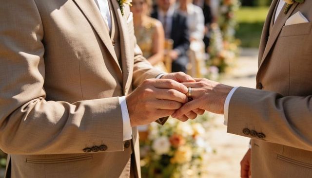 Two grooms exchanging gold wedding rings during outdoor garden ceremony in tan suits