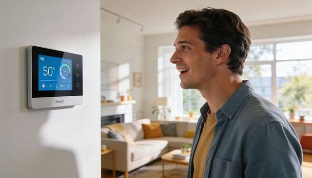 Smiling man checking smart thermostat on wall in modern cozy living room, home automation