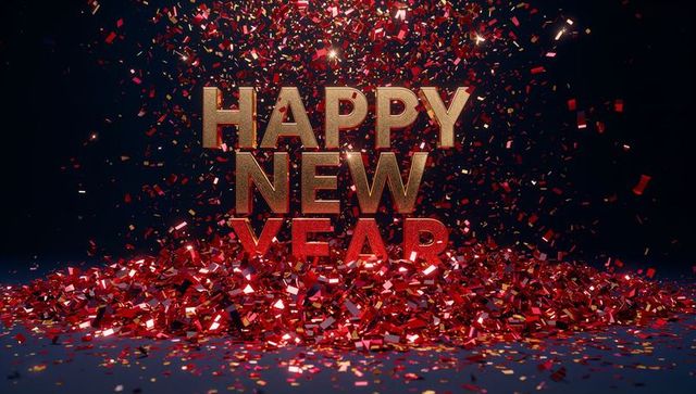 Shining Gold HAPPY NEW YEAR Letters Resting on Red Metallic Confetti with Falling Sparkle