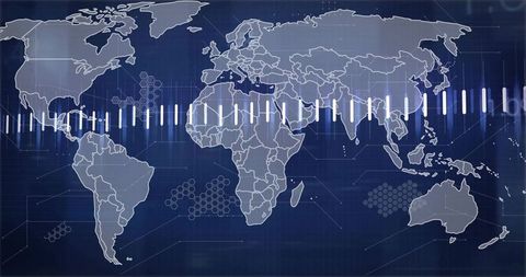 Global analytics map displaying HUD vertical bars, hexagon nodes and grid