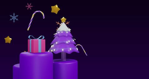 Festive purple christmas scene with gifts and stars