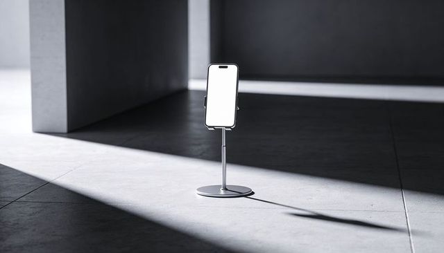 Minimal smartphone on slim metal stand casting diagonal shadow on concrete floor