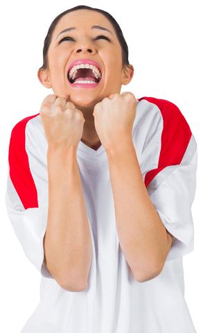Woman Celebrating Victory in Red and White Jersey Isolated Transparent