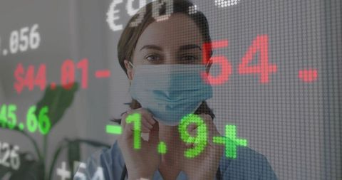 Medical Professional with Surgical Mask Amidst Financial Data Overlay