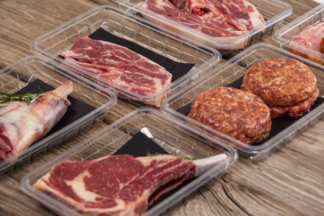 Assorted raw meat cuts including beef, lamb, and pork in plastic packaging on a wooden table. Ideal for use in grocery store advertisements, butcher shop promotions, food blogs, and articles about meat preparation and storage.