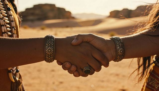Sealing bohemian alliance with ornate silver-bangle handshake in sunlit desert dunes at sunset
