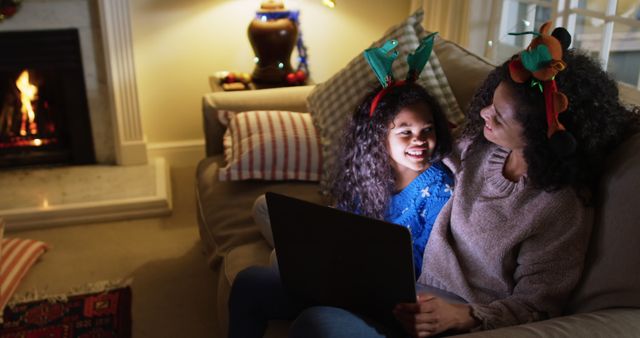 Mother and Daughter Sharing Christmas Video at Home - Download Free Stock Images Pikwizard.com