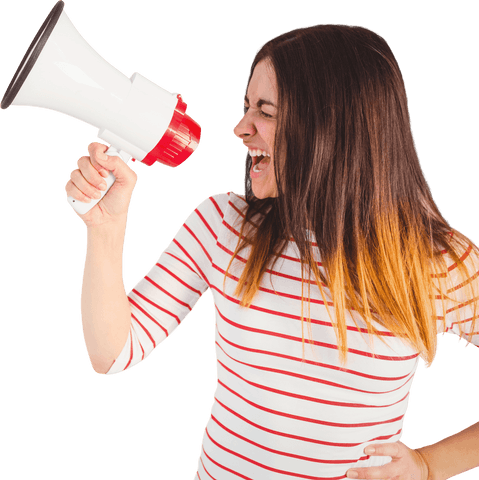 Confident woman yelling into megaphone on transparent background