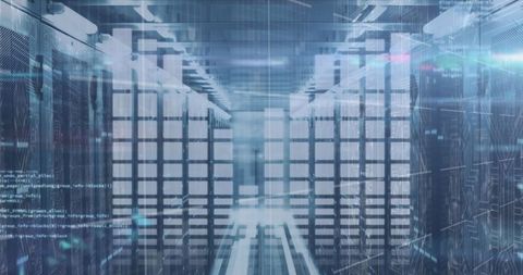 Futuristic server room with holographic details symbolizing digital connectivity