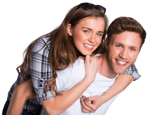 Young Couple Smiling During Piggyback Ride on White Transparent Background