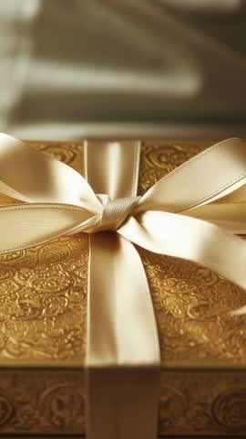 Hands Smoothing Satin Ribbon on Gold Embossed Gift Box Vertical Video for Luxury Gift Presentation