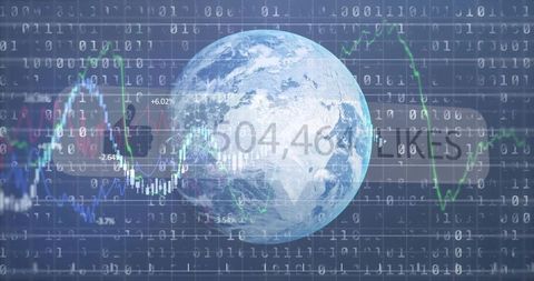 Global Data Analytics Visualization with Rotating Earth, Binary Code and Market Charts