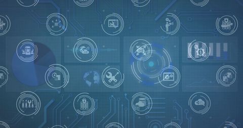 Innovative Digital Tech Icons on Network Circuit Background - Download Free Stock Images Pikwizard.com