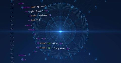 Cybersecurity HUD Pulsing Blue Radial Interface with Code Overlay and Data Grid
