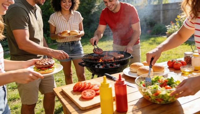 Friends grilling burgers on sunlit backyard charcoal grill, flipping patties, tossing salad