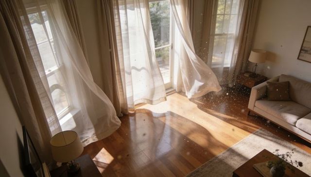 Swaying sheer curtains casting warm sunlight on hardwood floor with soft floating dust motes