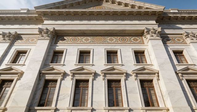 Neoclassical marble facade featuring corinthian capitals, ornate pediment and frieze