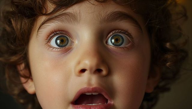 Gazing curly-haired boy with wide hazel eyes and open mouth expressing wonder