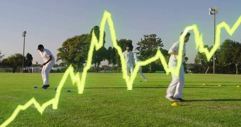 Cricket players running drill with neon performance waveform overlay on training field