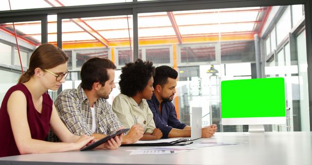 Diverse Team Collaborating in Modern Office with Green Screen Display - Download Free Stock Images Pikwizard.com