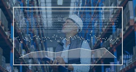 Warehouse Manager Inspecting Inventory with Tablet and Digital Analytics Dashboard Overlay