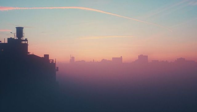 Misty Urban Skyline at Dawn with Silhouetted Water Tower