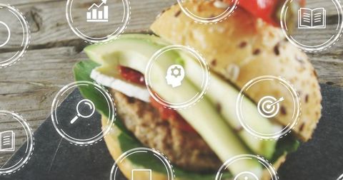 Seeded bun avocado burger with greens and ui icons for healthy food marketing