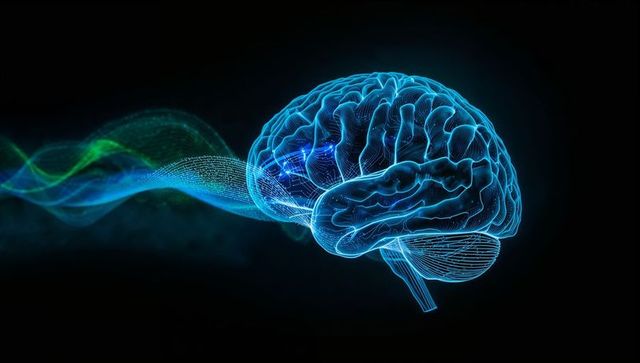 Digital Wireframe Brain with Neon Neural Connections