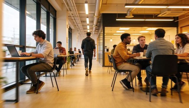 Walking through bright coworking space with teams collaborating and working on laptops