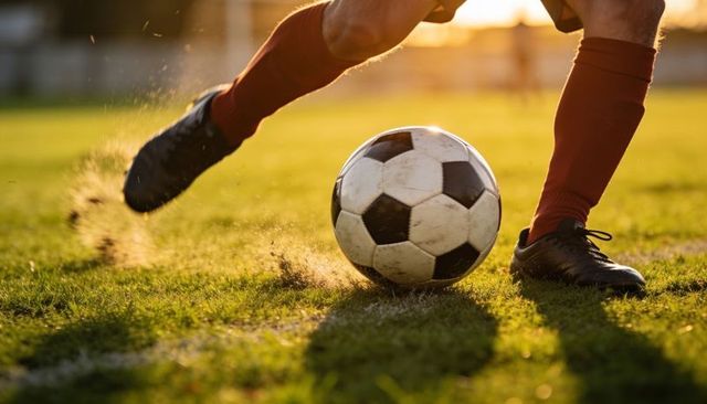 Soccer player kicking ball on grass at golden hour capturing dynamic action and motion