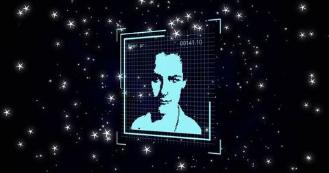 Futuristic Digital Portrait Amidst Starry Night with Tech Interface