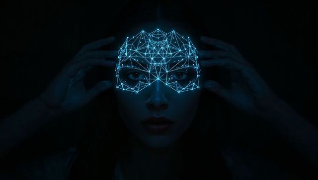 Neon holographic facial mesh on woman adjusting hands by temples, cyberpunk ai portrait