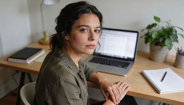 Focused remote worker at home desk typing on laptop with notebook and plant