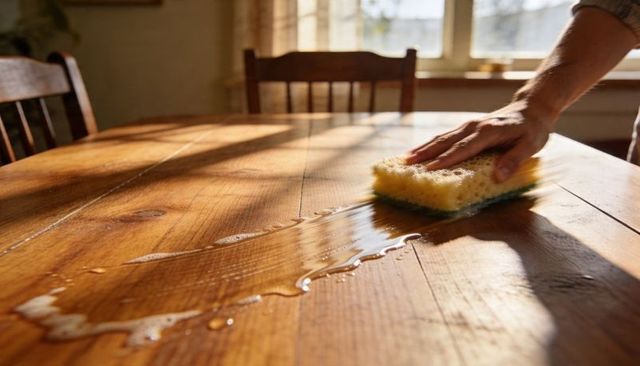 Wiping sunlit wooden dining table with sponge, cleaning water streaks and soap