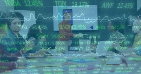 Diverse team collaborating on financial strategy in modern conference room