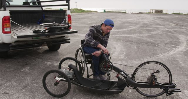 Visible are predominantly man, wheelchair and handcycle in parking lot. Provides excellent depiction of preparation for outdoor cycling activity, showing independence and mobility enhancement. Ideal for use in themes about disabilities, sports, outdoor activities, and healthcare.