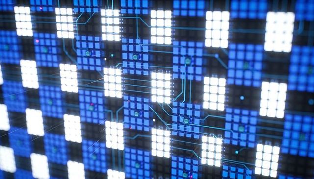 Glowing led matrix revealing circuit layers in blue-white digital grid
