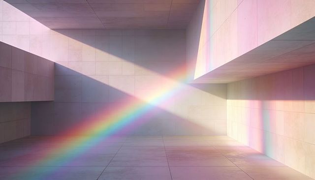 Diagonal prism rainbow casting across minimal concrete interior with geometric light beams